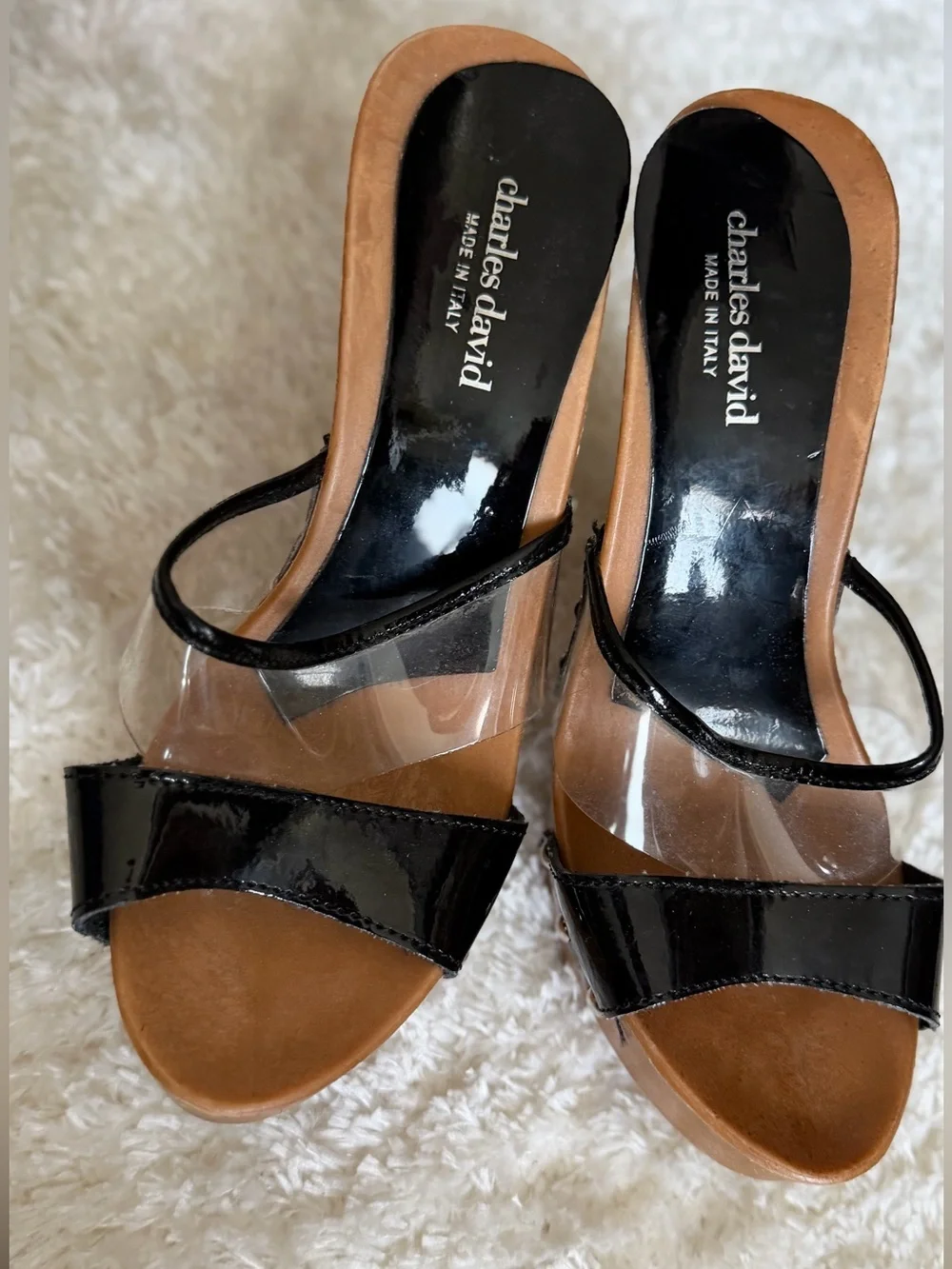 Charles David Brown Platform Heels with Black Patent & Clear Panels